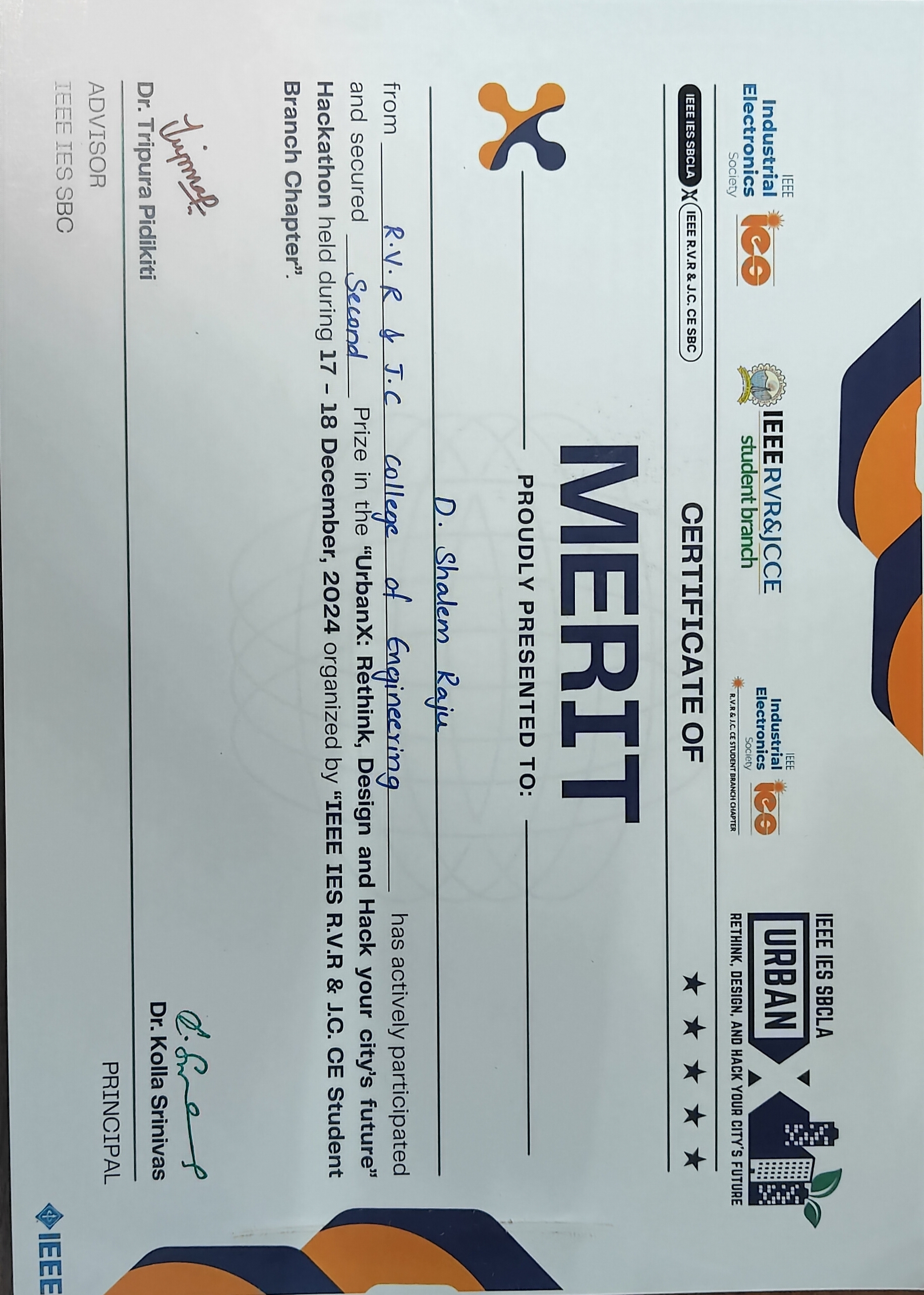 UrbanX Hackathon Second Prize certificate